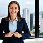 **

"A professional businesswoman in a modest business suit, smiling confidently while presenting a financial report in a bright, modern office. Fully clothed, appropriate attire, safe for work, perfect anatomy, natural proportions, professional photography, high quality. Family-friendly, showcasing success and competence. The office includes a large window with a view of the São Paulo skyline. "

**