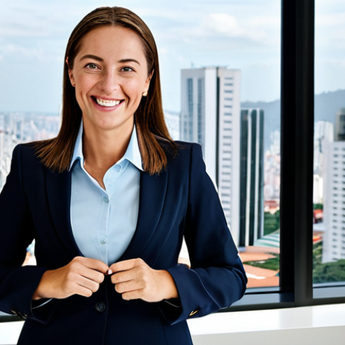 Home 4 **
"A professional businesswoman in a modest business suit, smiling confidently while presenting a financial report in a bright, modern office. Fully clothed, appropriate attire, safe for work, perfect anatomy, natural proportions, professional photography, high quality. Family-friendly, showcasing success and competence. The office includes a large window with a view of the São Paulo skyline. "
**