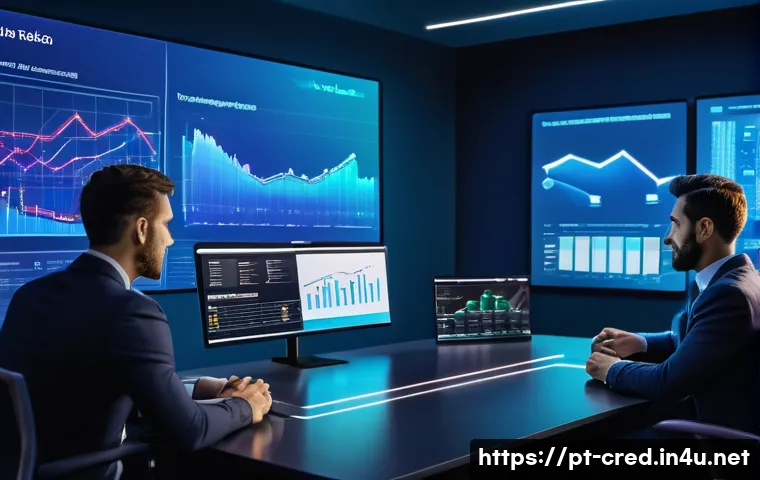 신용분석사와 데이터 사이언스의 연계성 - A modern fintech office environment showcasing a diverse team of professionals analyzing credit risk...
