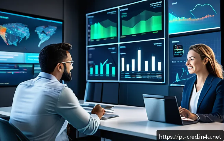 신용분석사와 핀테크 기술 접목 - A modern fintech office scene showing diverse professionals analyzing dynamic credit risk data on mu...