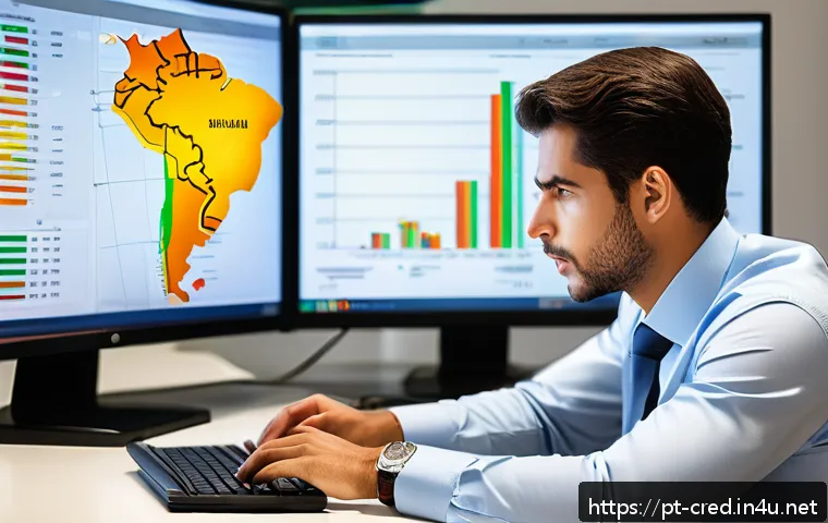 신용분석사 실무에서 활용되는 주요 스킬 - A professional financial analyst in a modern Brazilian office environment, reviewing detailed credit...