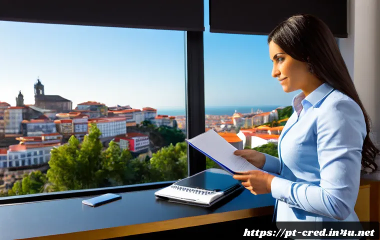 신용분석사 자격증 취득 후 이직 전략 - Photorealistic career-transition scene in Portugal: a confident mid-career financial professional in...